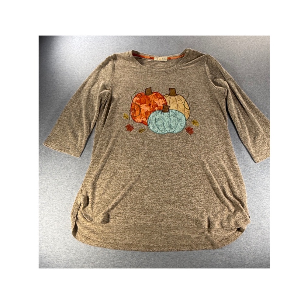 Cactus + Pearl Womens Brown Pumpkin Applique Fall Tunic Top Size L MS313967451